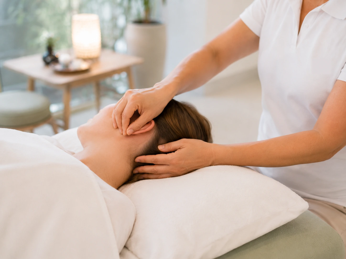 Therapeutische Arbeit an Nacken und Hinterkopf einer liegenden Person im Akupunktur Zentrum Baden